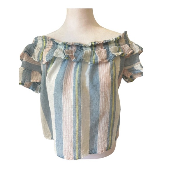 Socialite Tops - Socialite Pink, White, Yellow, Blue Striped off the Shoulder Crop Top-Sz Large